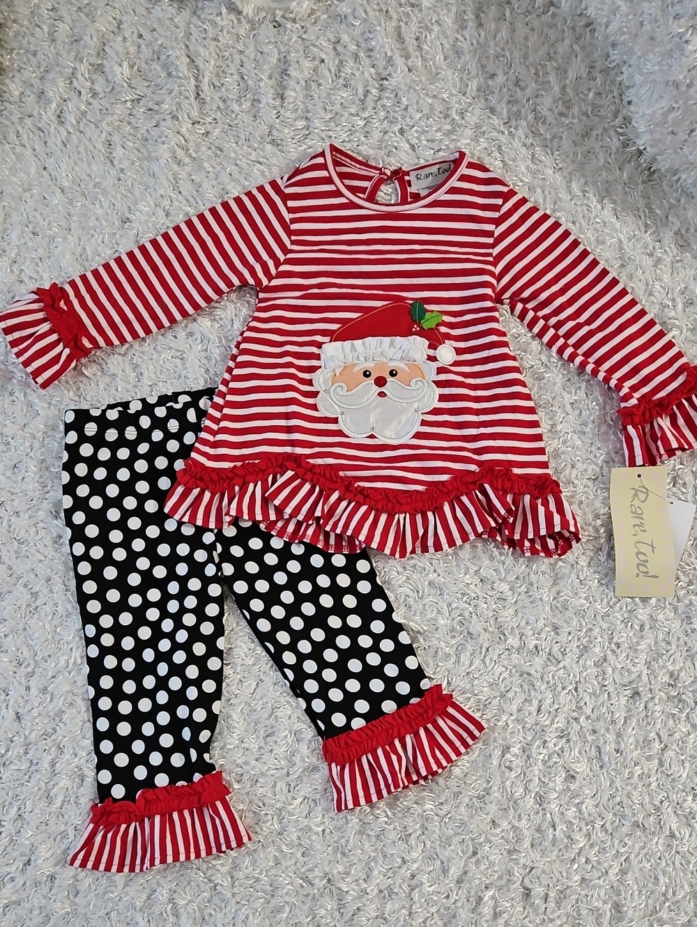 Red Striped Santa Appliqué Kids Christmas Holiday Outfit Set Cotton 24M